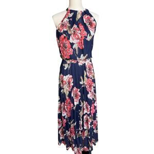 Bisou Bisou Floral Halter Maxi Dress Navy Pink Pleated Size 6 Wedding Guest Boho